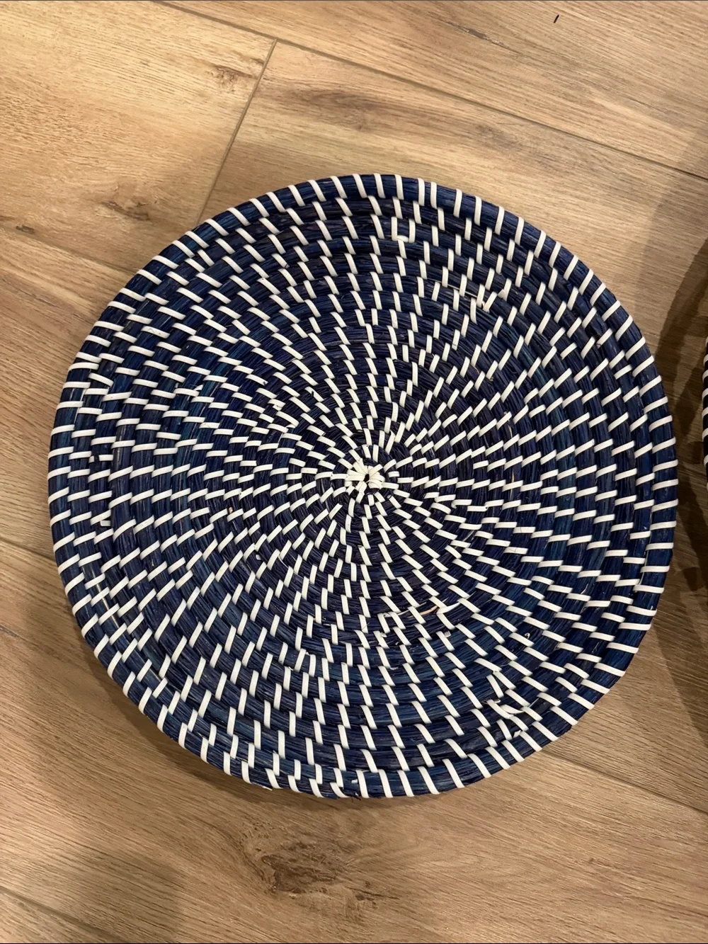 Woven Round Decorative Wall Baskets - Navy & Natural. Set of 2.